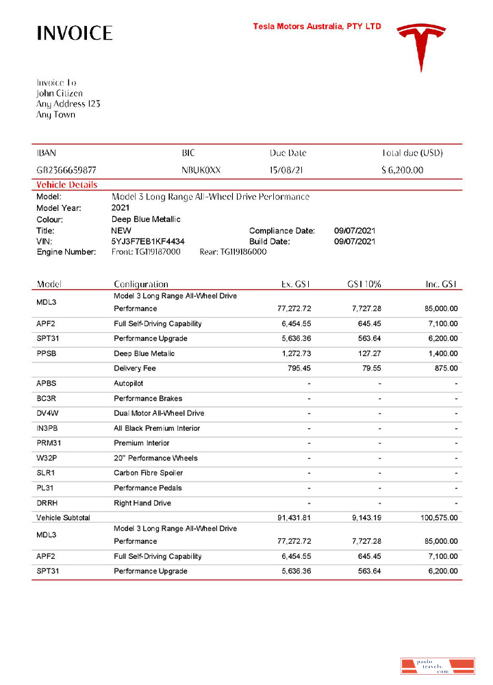 USA Tesla invoice PSD template